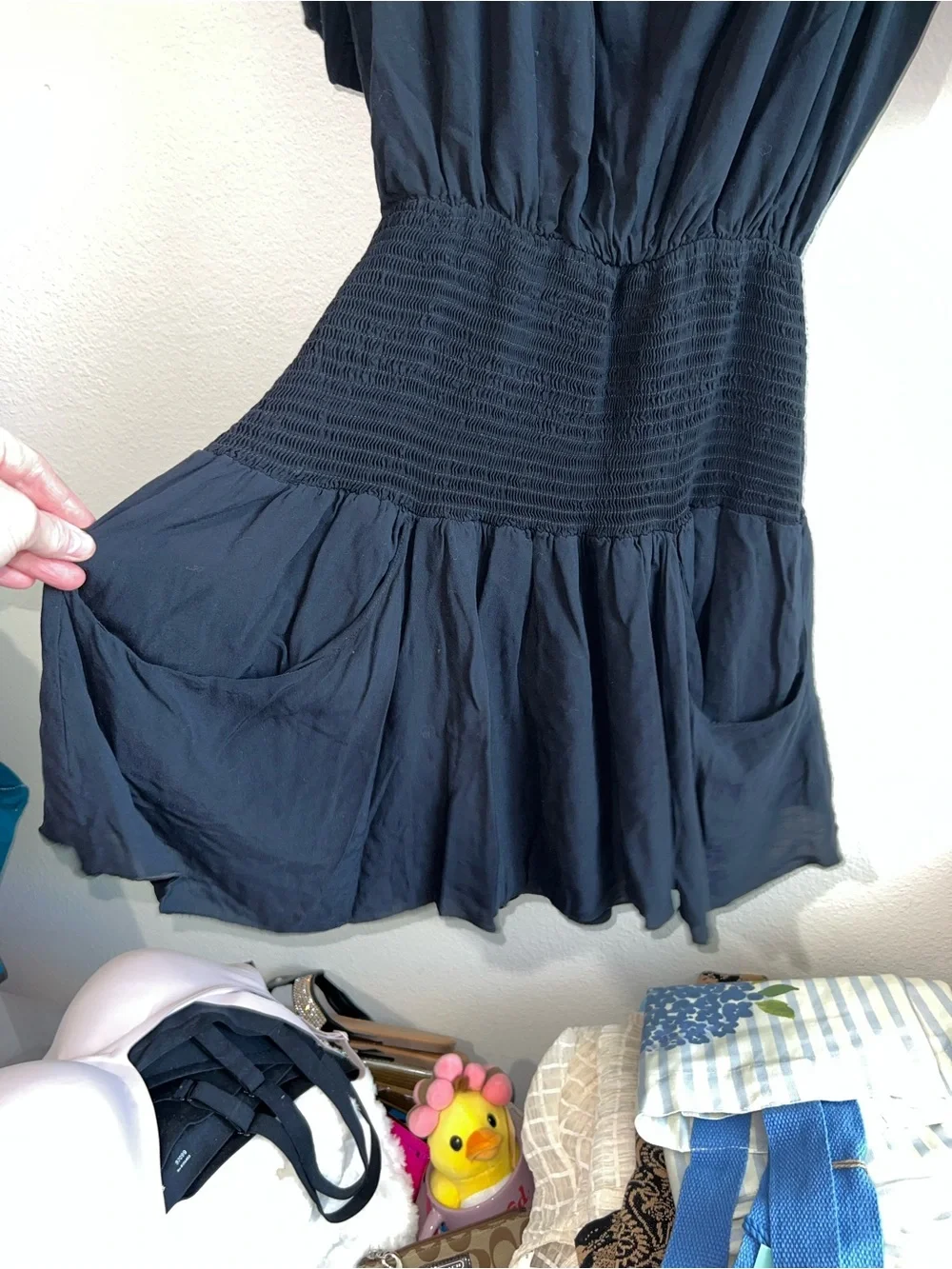 Free People Navy Blue Smocked-Waist Puff Sleeve Mini Dress